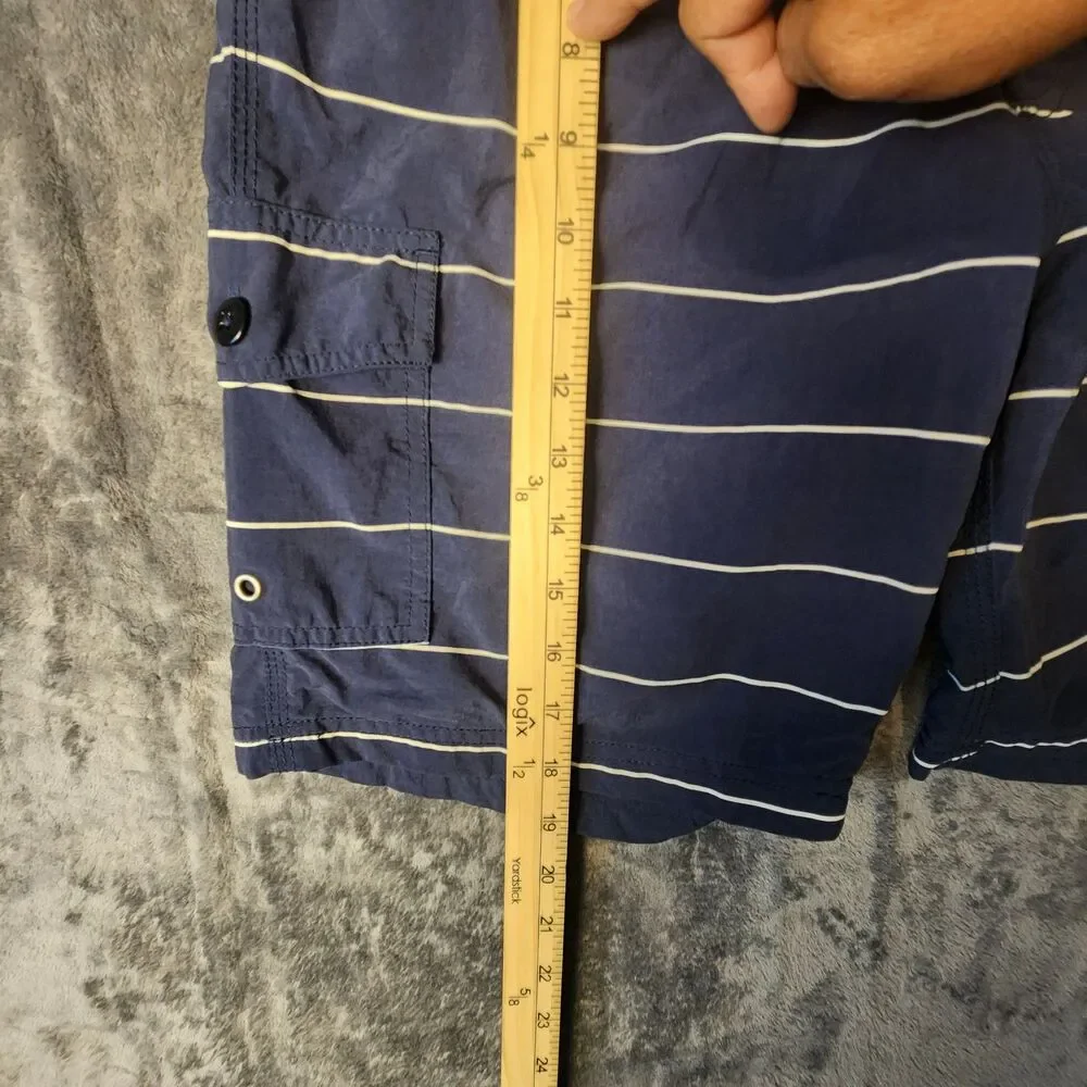 J. Crew Men Board Shorts Swim Trunks Navy Blue White Striped Cargo Pocket‎